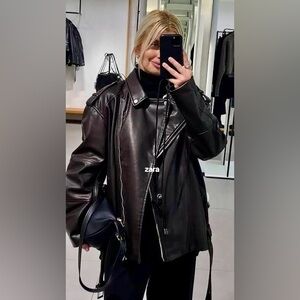 ZARA Washed Faux Leather Oversized Biker Jacket